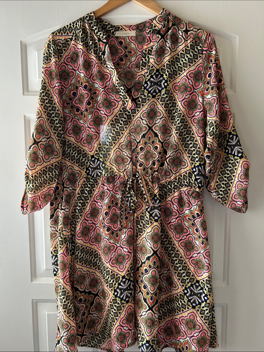 Lush Pink, Black & Cream Printed Drawstring Tunic